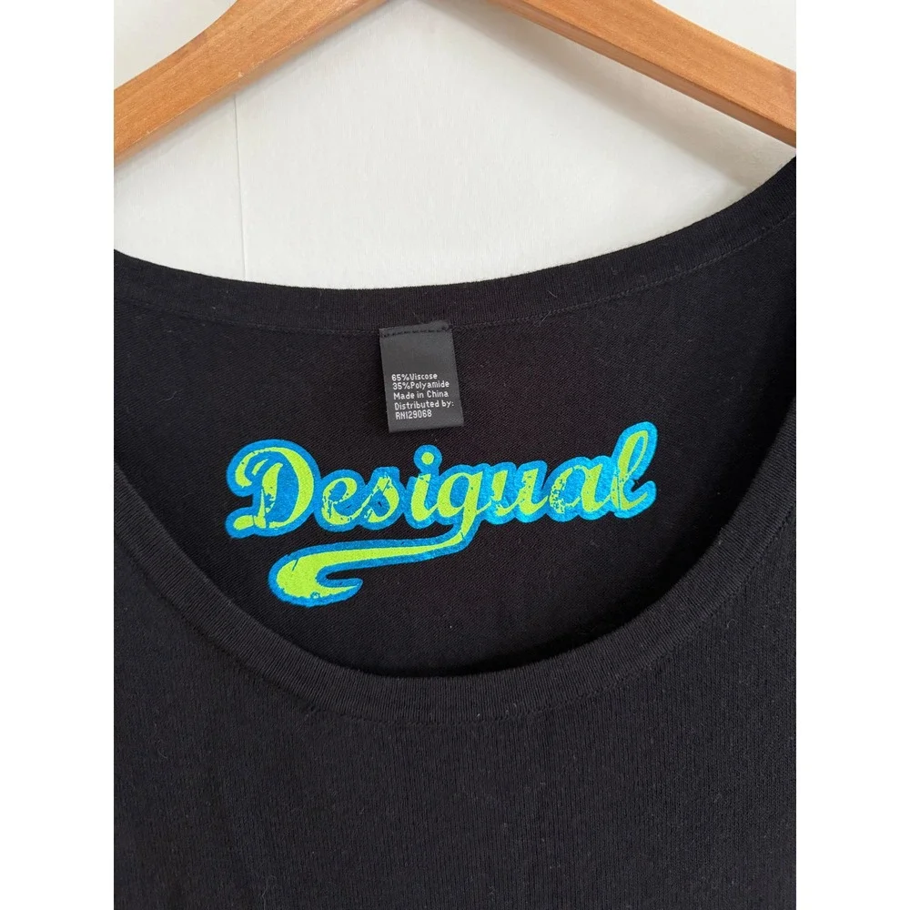 Desigual Black Long Sleeve Dress Floral Embroidery Applique Scoop Neck Y2K‎ midi
